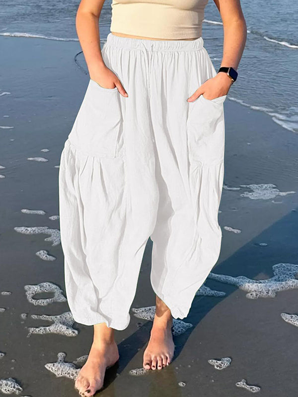 Pantalon ample plissé taille haute, à cordon de serrage, à taille élastique, à poches, couleur unie