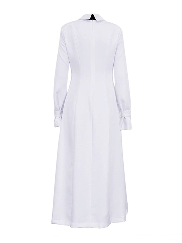 Robe chemise boutonnée fendue sur le côté coupe trapèze, à manches évasées, à empiècements, à col revers, couleur unie