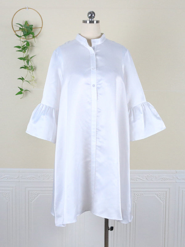 Robe mi-longue ample boutonnée urbaine de couleur unie, col montant, manches évasées