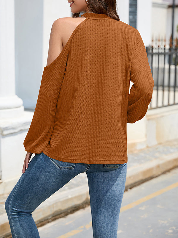 Chemise ample ajourée asymétrique à une épaule, couleur unie