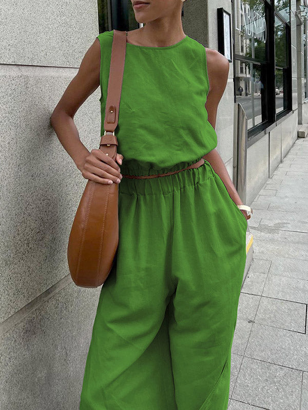 Ensemble deux pièces avec gilet à col rond et pantalon taille haute fendu sur le côté, élasticité ample, couleur unie