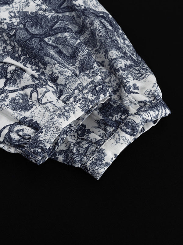 Robe chemise ample plissée imprimée à manches bouffantes, à empiècements, à taille nouée, à col revers