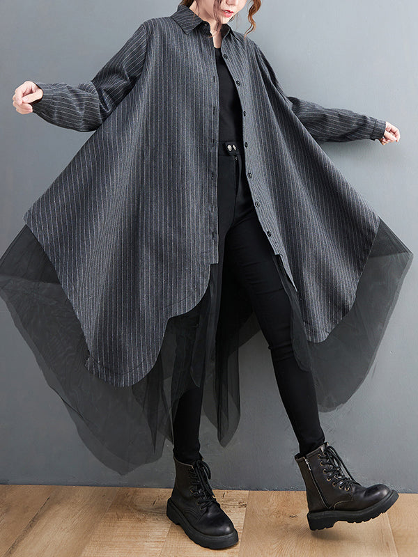 Robe ample rayée longue en gaze, à empiècements, à col revers