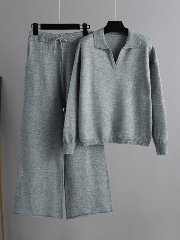 Ensemble deux pièces urbain à manches longues, col polo, à jambes larges, couleur unie – pull + pantalon