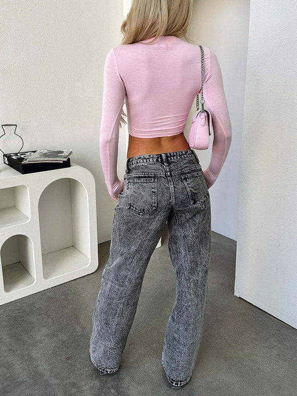 Jean taille haute, à jambes droites, à empiècements