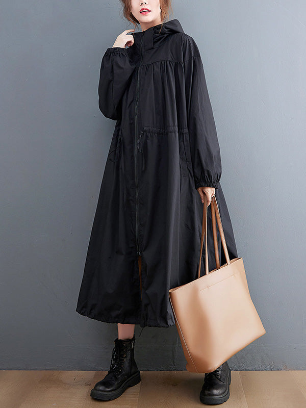 Trench-Coat décontracté à capuche, couleur unie, ample, fermeture éclair, cordon de serrage, manches longues