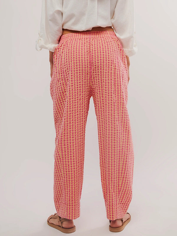Pantalon ample à carreaux, à poches, à empiècements
