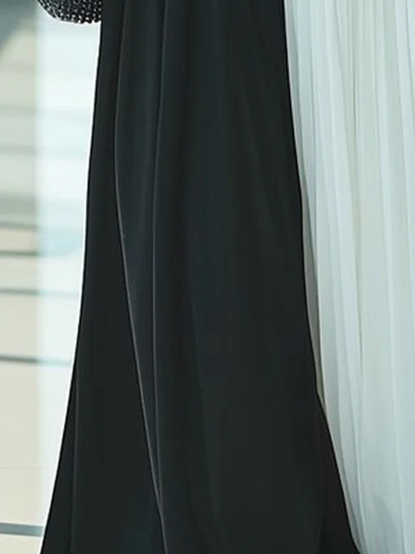 Robe longue ample plissée taille haute, à col cheminée, couleur contrastée