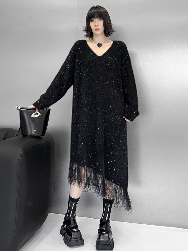Robe pull brillante à coupe irrégulière, à manches longues, à sequins, à empiècements, à pompons, à col en V, couleur contrastée