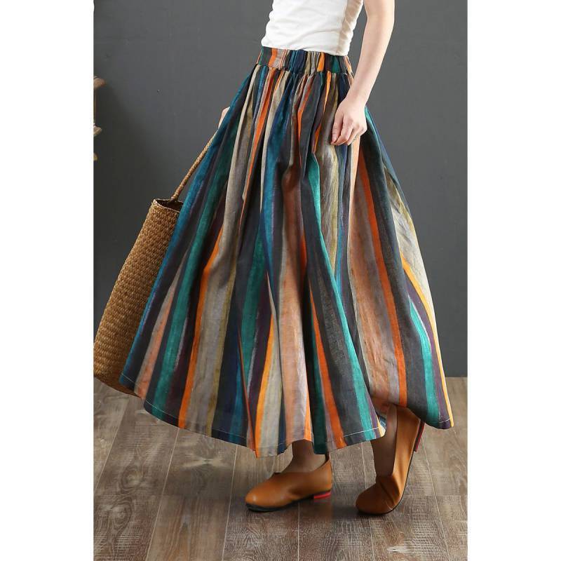 Camila - Jupe midi à rayures multicolores au style bohème
