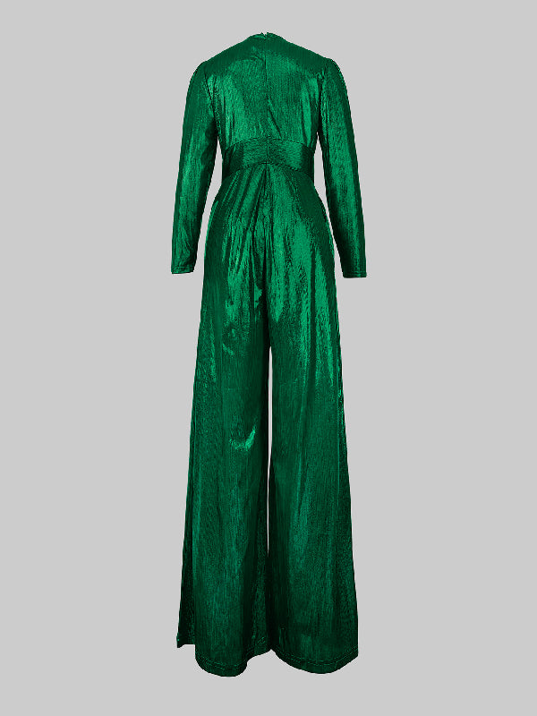 Bas brillant taille haute, à manches trois-quarts, à décolleté en V profond, couleur unie