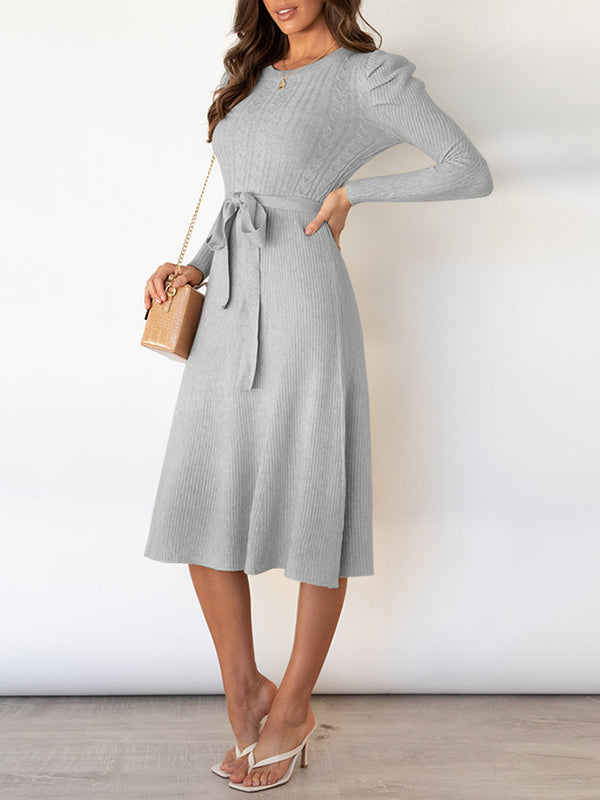 Robe pull taille haute, à manches longues, à taille nouée, à col rond, couleur unie