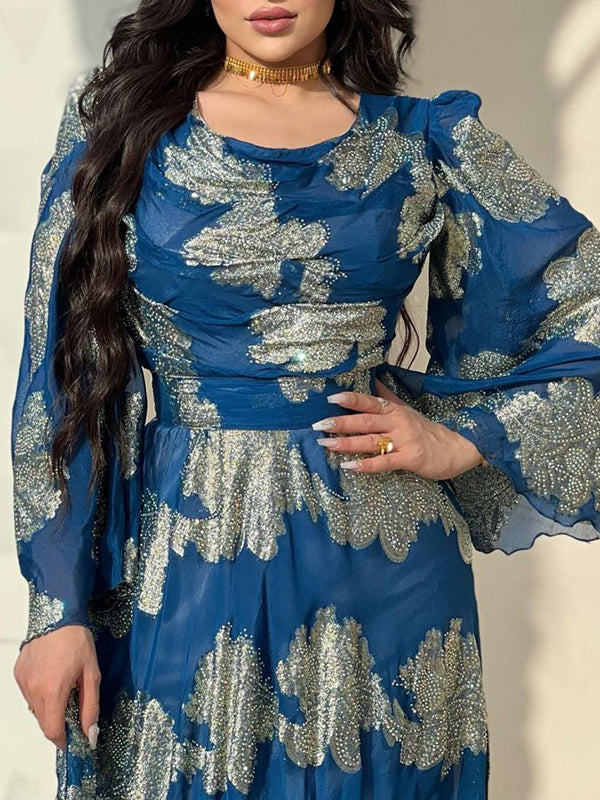 Robe de soirée longue fendue sur le côté à manches évasées, à imprimé floral