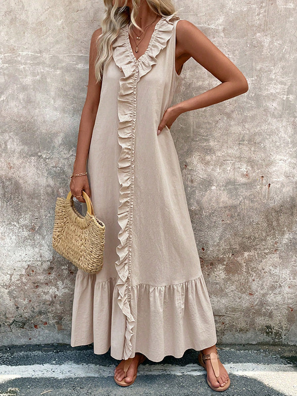 Robe longue ample plissée coupe trapèze, à bordure volantée, à col en V, couleur unie