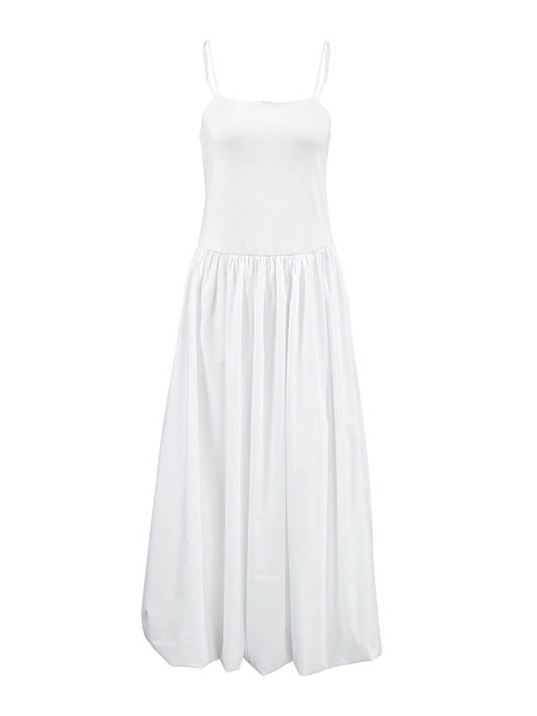 Robe mi-longue ample plissée sans manches, à empiècements, à fines bretelles, couleur unie