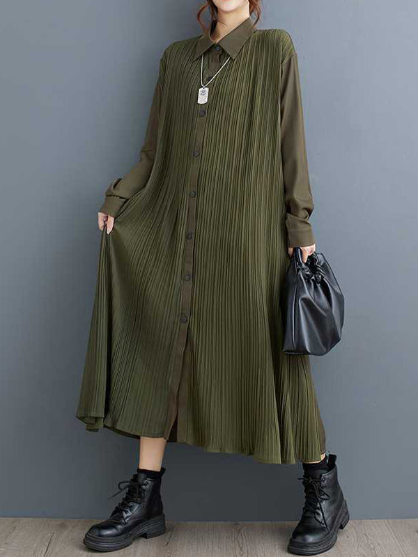 Robe chemise boutonnée plissée coupe trapèze, à manches longues, à poches, à empiècements, à col revers