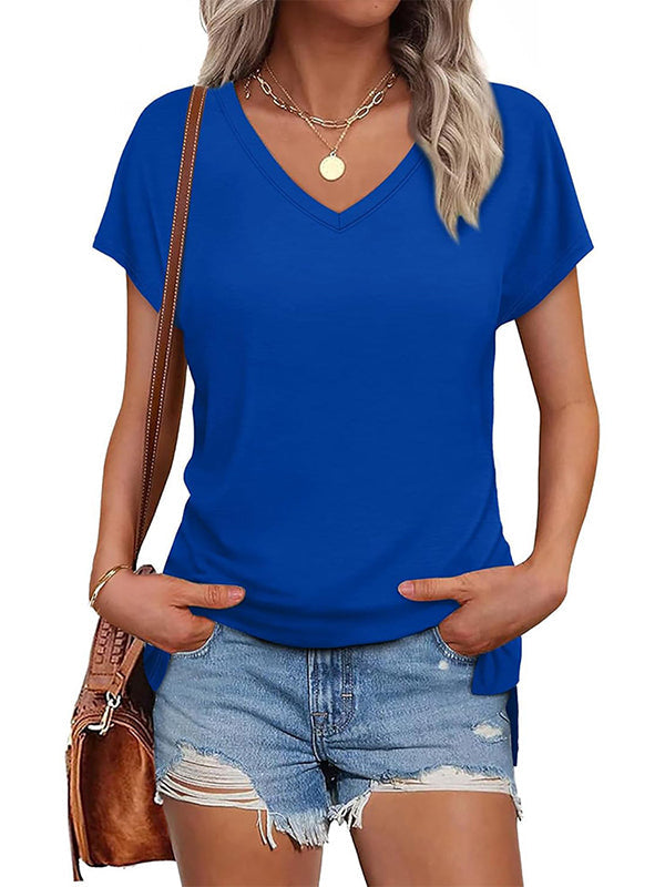 T-shirt fendu sur le côté à ourlet plongeant, à manches raglan, à empiècements, à col en V, couleur unie