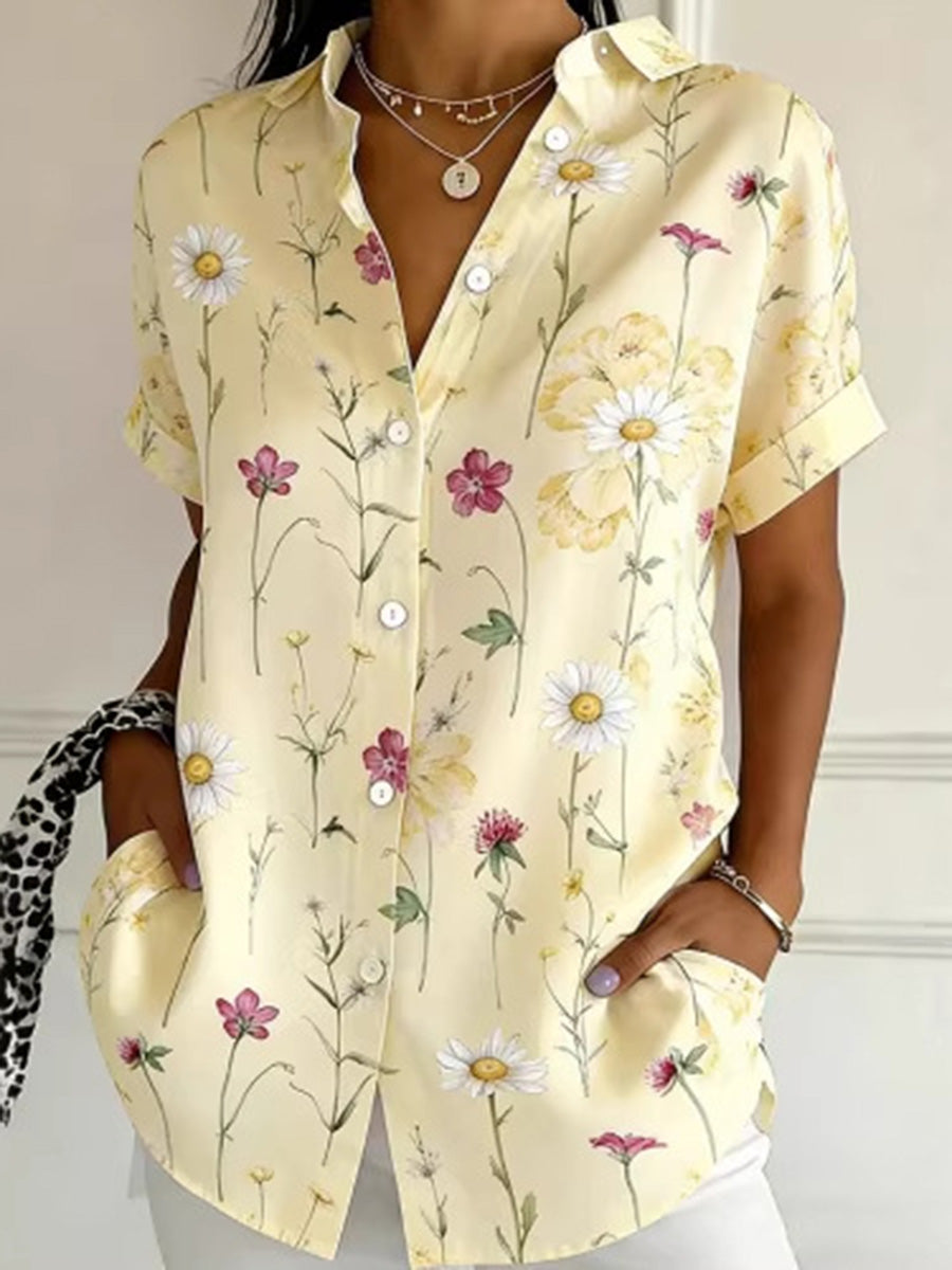 Chemisier ample boutonné grande taille, à imprimé floral, à col revers, couleur contrastée