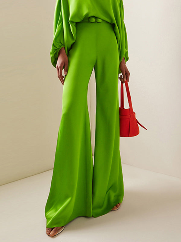 Pantalon ample taille haute, à empiècements, couleur unie