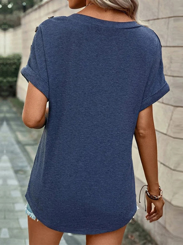T-shirt ample boutonné à manches courtes, à col en V, couleur unie