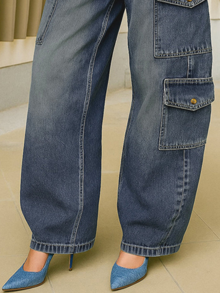 Jean ample boutonné taille haute, à poches, à empiècements, couleur unie