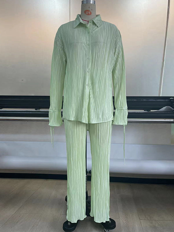 Ensemble pyjama à manches longues, manches évasées, boutonné, cordon de serrage plissé, couleur unie, chemises à revers fendues sur le côté, haut + pantalon, bas