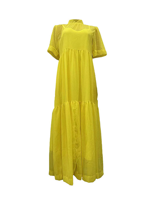 Ensemble deux pièces en maille plissée, ample, grande taille, couleur unie, fente à col montant, robes longues