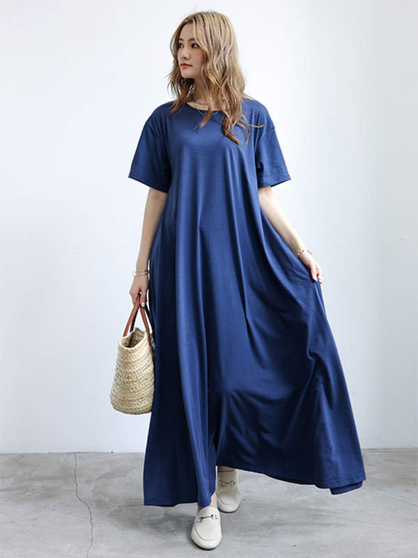 Robe longue simple ample à manches courtes, à col rond, couleur unie