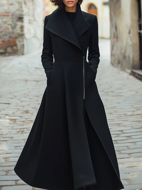Manteau en laine boutonné coupe trapèze, à manches longues, à poches, à fermeture éclair, à col revers, couleur unie
