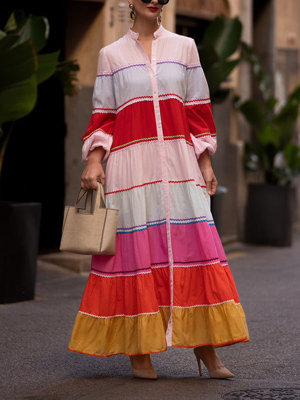 Robe chemise à manches bouffantes, à empiècements, à col rond, couleur contrastée