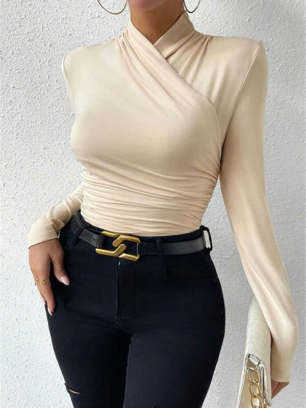 T-shirt plissé à manches longues, coupe près du corps, à col cheminée, couleur unie