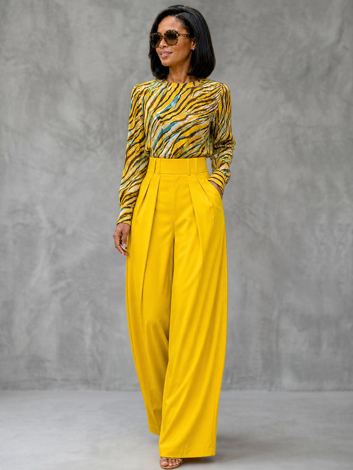 Pantalon plissé ample à poches, sans ceinture, à jambes larges, couleur unie