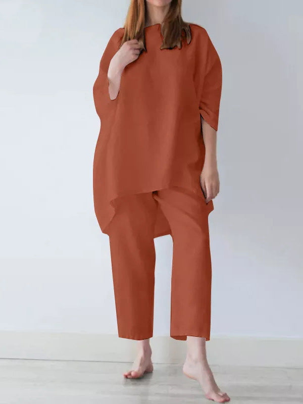 Ensemble deux pièces décontracté ample à manches longues, couleur unie – t-shirt + pantalon