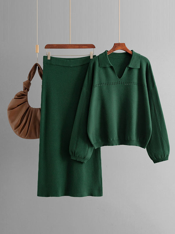 Ensemble deux pièces ample ajouré à manches bouffantes, à taille élastique, couleur unie – pull + jupe