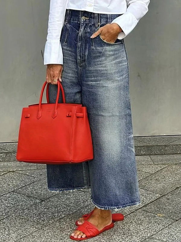 Jean ample boutonné à jambes larges, à franges, à poches