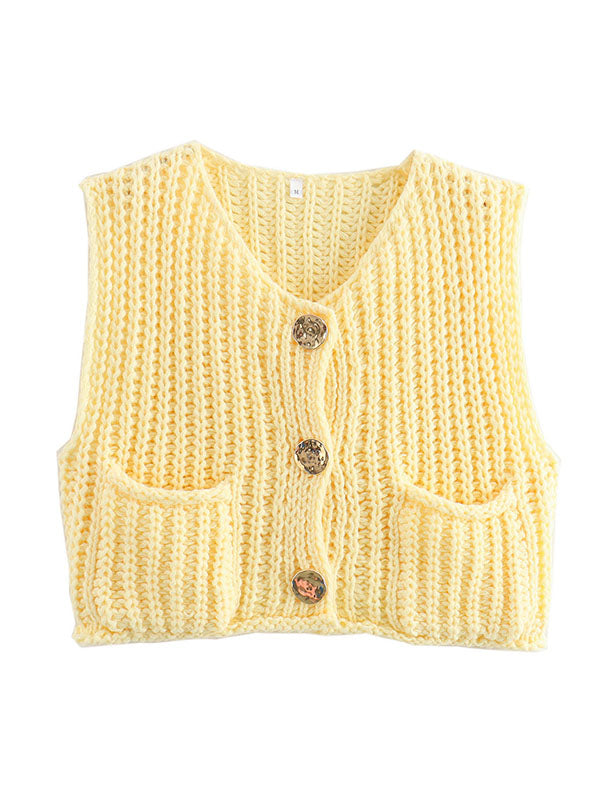 Gilet sans manches ample boutonné à poches, à col en V