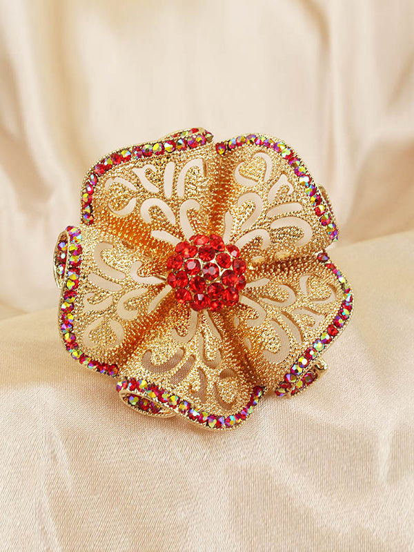 Bague réglable ajourée en forme de fleur, à strass