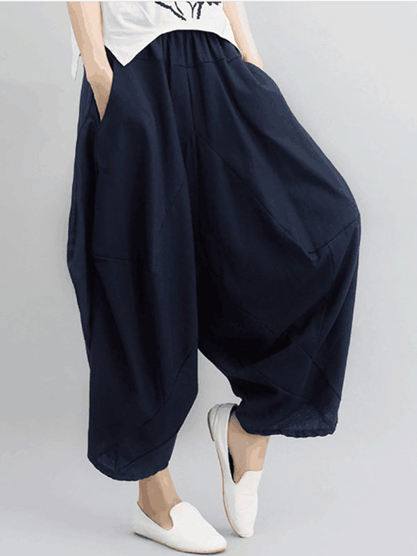 Sarouel artistique rétro, en coton et ramie, à taille élastique, couleur unie