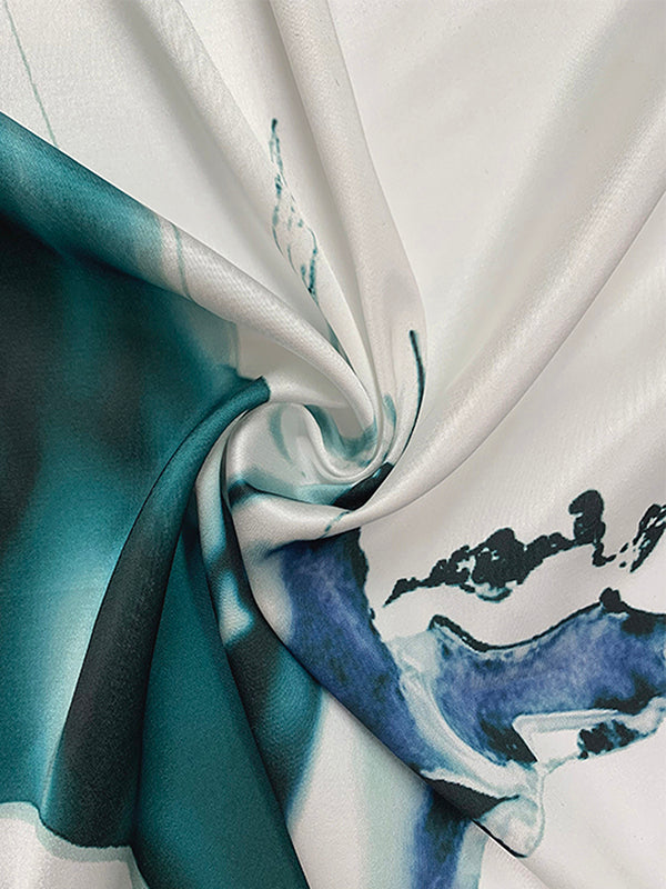 Robe de soirée longue ample imprimée à manches chauve-souris, à taille nouée, à col en V