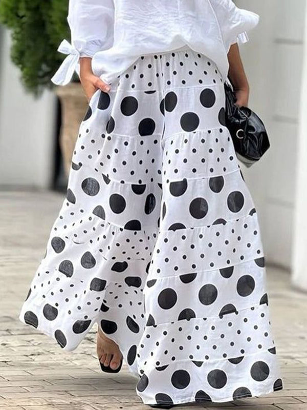 Pantalon ample taille haute, à taille élastique, à poches, à pois, à empiècements, couleur contrastée