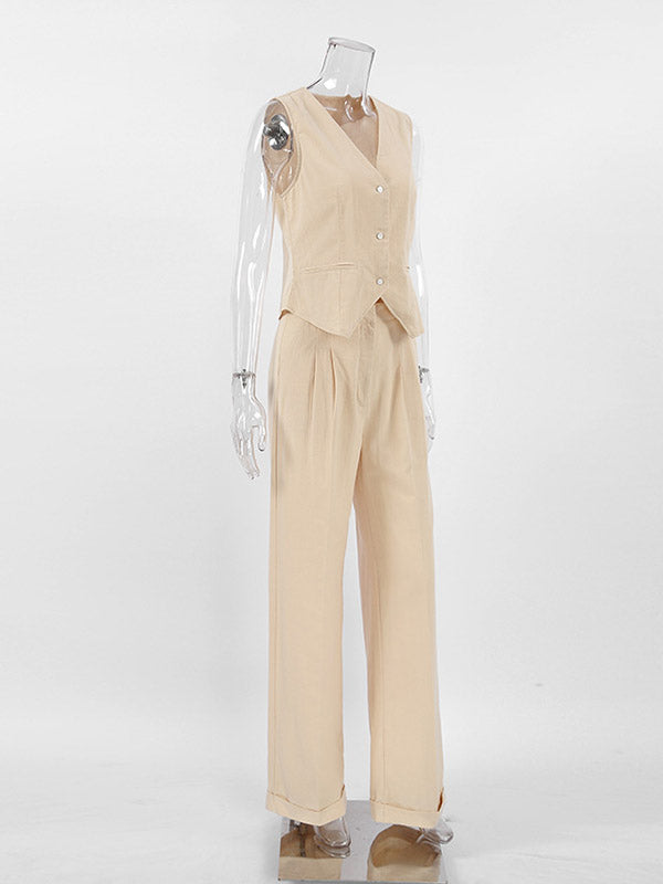 Ensemble deux pièces ample plissé taille haute, à empiècements, à col en V, couleur unie