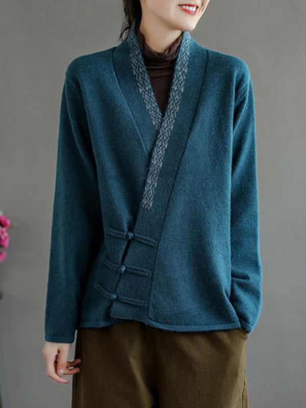 Haut cardigan vintage en laine mélangée brodé de couleur unie