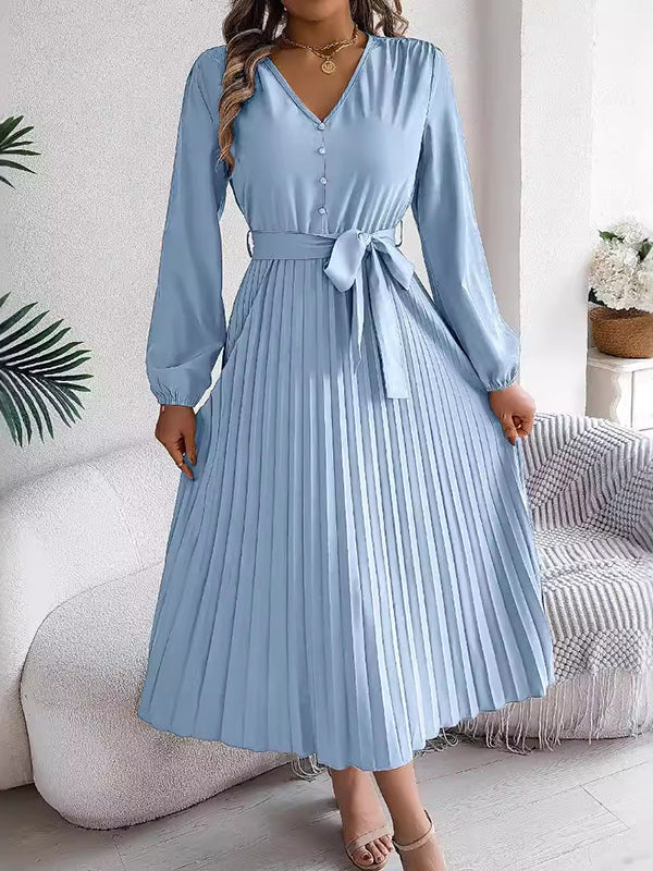 Robe longue boutonnée plissée taille haute, à manches longues, avec ceinture, à col en V, couleur unie