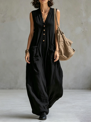 Combinaison boutonnée sans manches, à jambes larges, à col en V, couleur unie