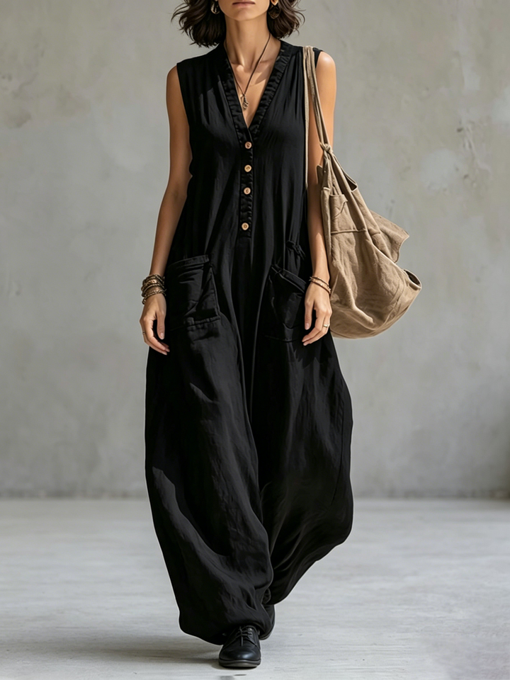Combinaison boutonnée sans manches, à jambes larges, à col en V, couleur unie