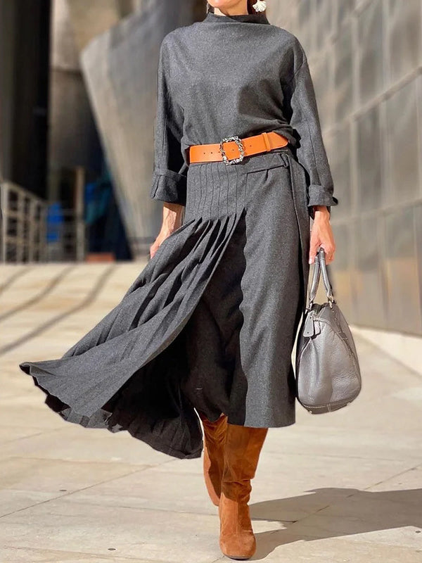 Ensemble deux pièces ample asymétrique plissé à empiècements, couleur unie – haut + jupe