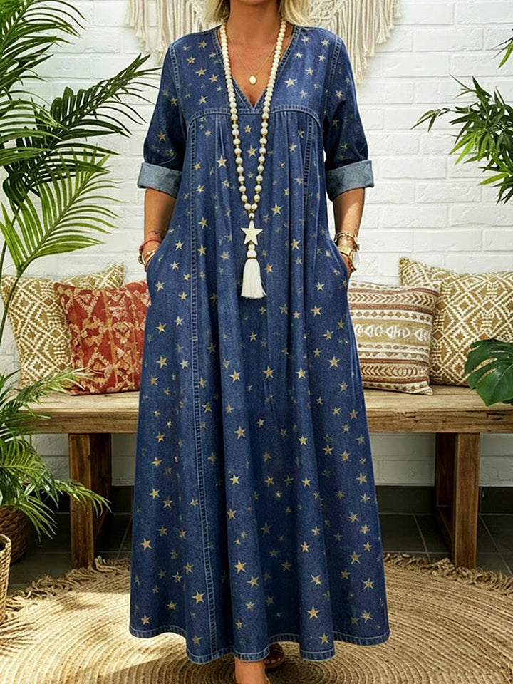 Robe longue plissée imprimée coupe trapèze, à manches longues, à poches, à empiècements, à col en V