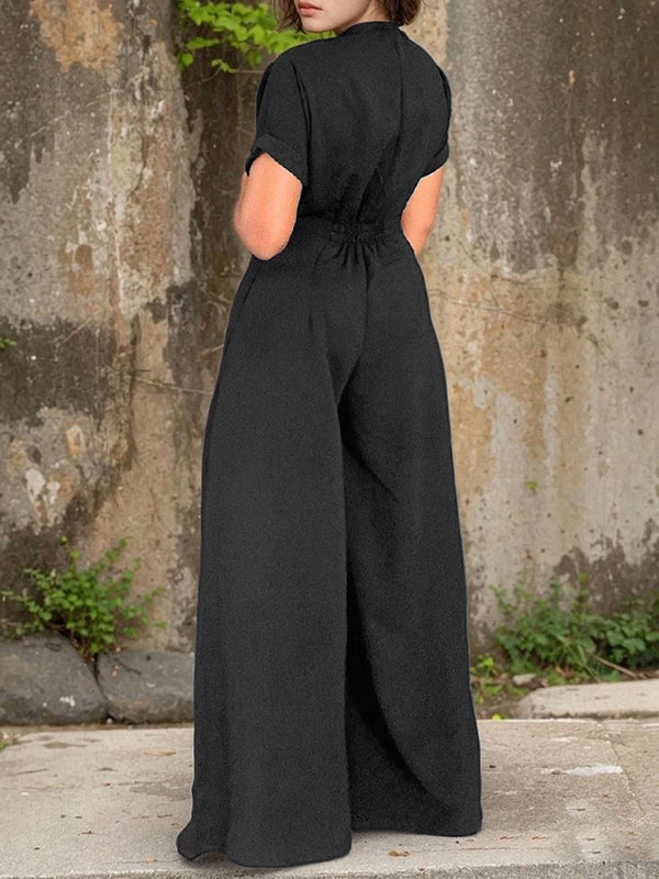 Combinaison à manches courtes, à jambes larges, à taille élastique, à empiècements, à fermeture éclair, à col rond