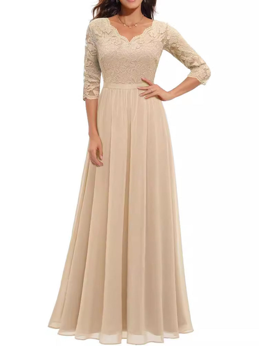 Robe longue plissée transparente coupe trapèze, taille haute, à empiècements, à col en V, couleur unie