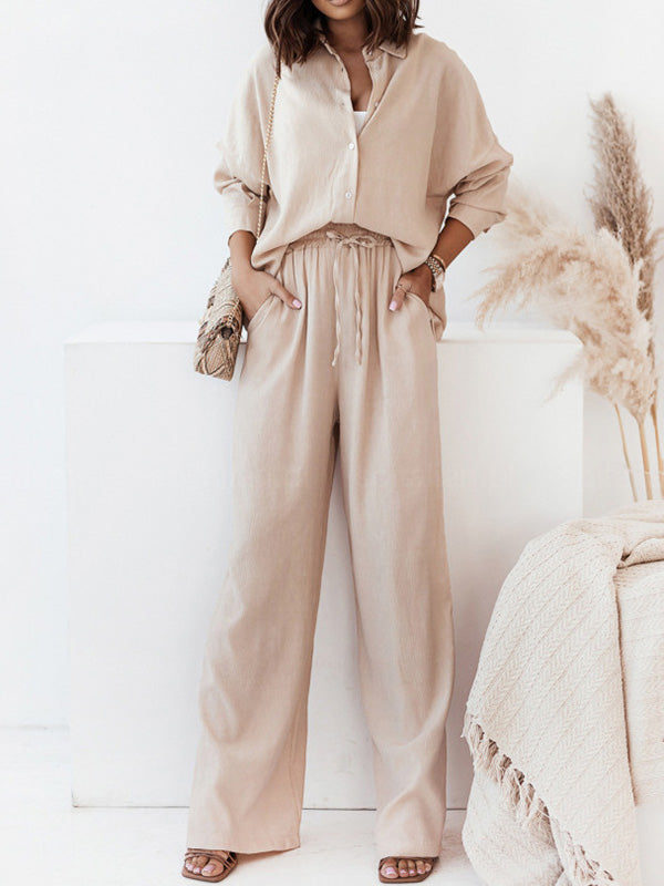 Ensemble deux pièces boutonné à manches longues, à poches, à col revers, à taille élastique, taille haute, couleur unie – chemise + haut + pantalon